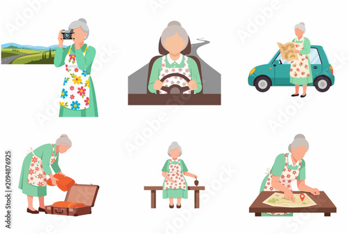 Active senior woman character set traveling, driving car, taking photos and planning road trip