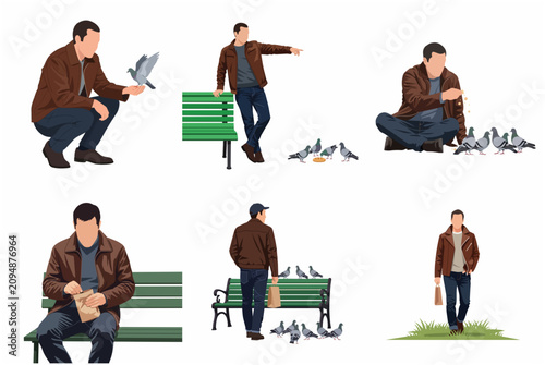 Man feeding pigeons vector illustration set, male character in leather jacket sitting on park bench and interacting with birds, urban leisure concept isolated on white