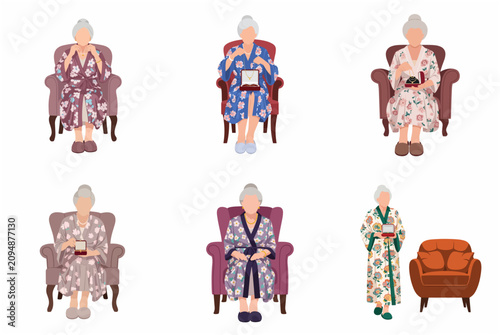 Elegant Senior Woman in Floral Housecoat Holding Jewelry Box Collection Vector Illustration