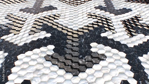 3D animation seamless loop of luxury black and white marble hexagon mosaic tiles moving in a gentle wave pattern. Abstract geometric background for modern interior design, architecture visualization, 