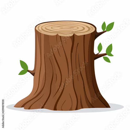 Brown tree stump with green leaves isolated on a white background