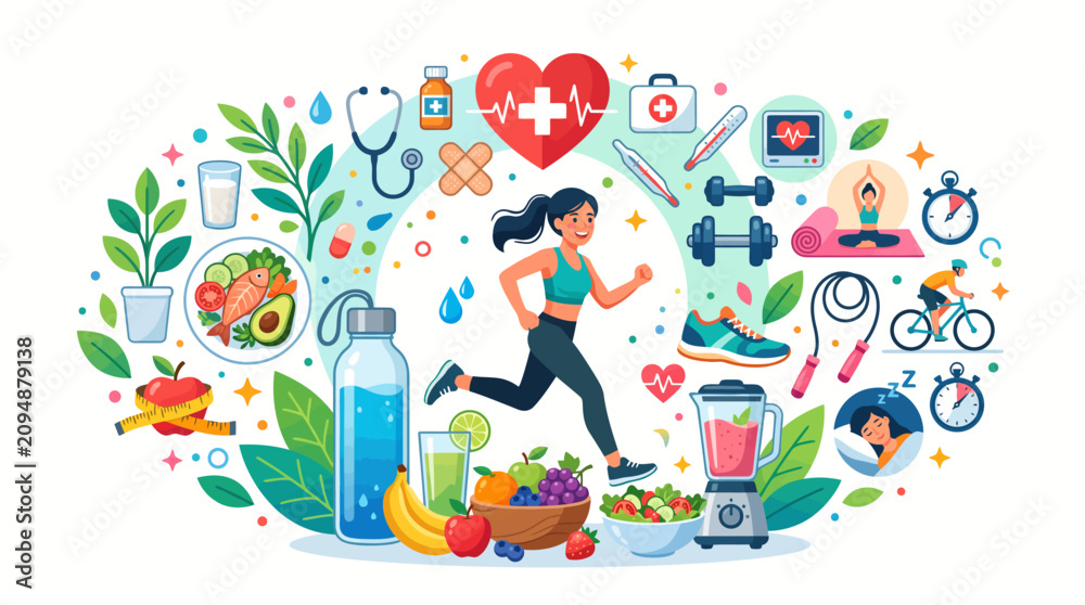 Fototapeta premium Woman jogging with fitness equipment and healthy food in park