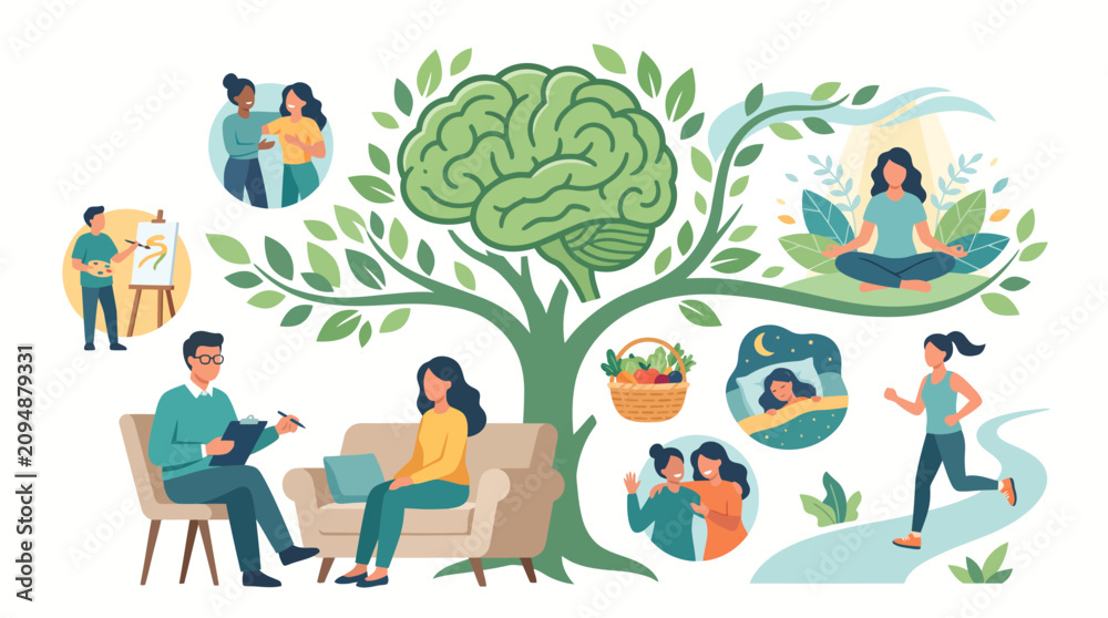 Fototapeta premium People engaging in various relaxing activities under a tree with a brain symbol