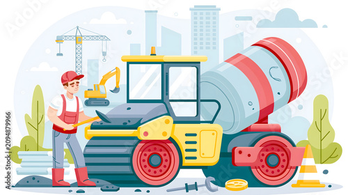 Worker uses road roller and concrete mixer at construction site in urban area during daytime