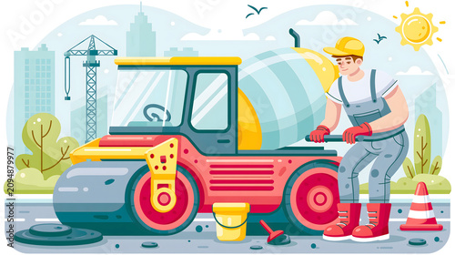 Worker repairs road equipment near city construction site during sunny day
