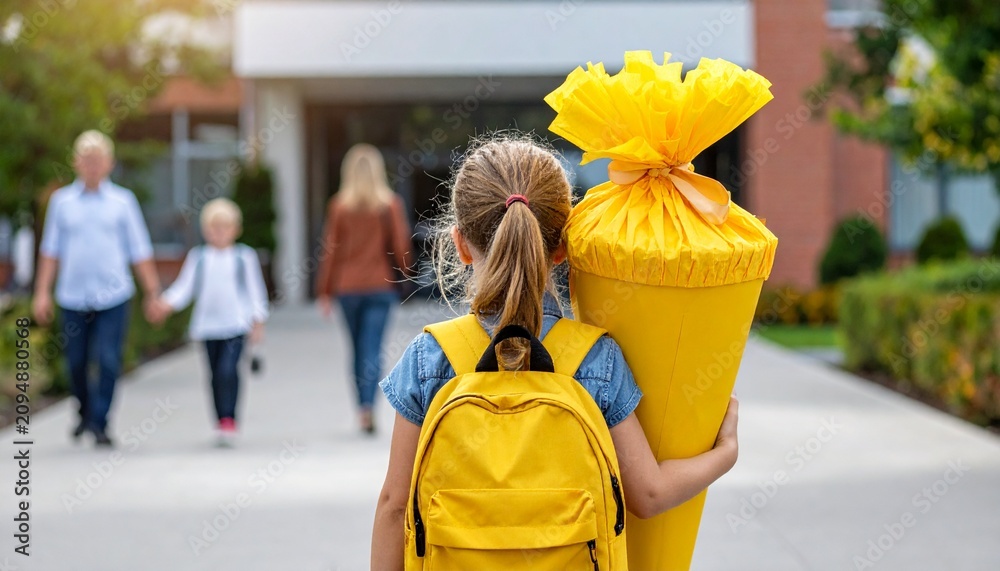 Fototapeta premium Einschulung Mädchen mit gelber Schultüte Zuckertüte vor Schule
