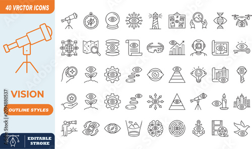 Foto 48 vision and scientific discovery outline vector icons for research and optics