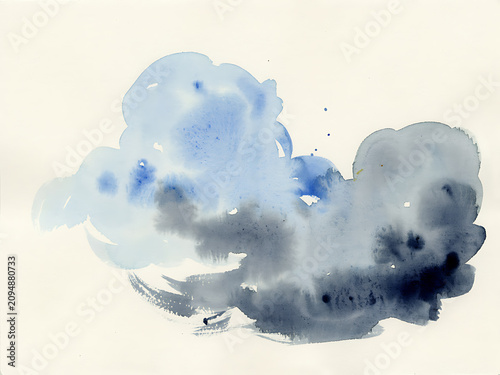 Abstract watercolor painting featuring soft blue and dark grey ink washes blending together on a textured white paper background