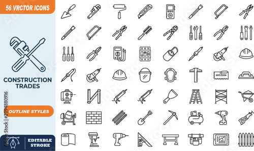Set of 56 construction trades outline icons for building and renovation projects.e