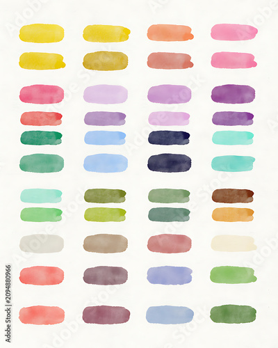 Hand-painted watercolor color swatch chart with organized rows of horizontal brush strokes in diverse colorful hues