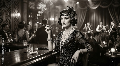 Elegant flapper girl at a jazz age speakeasy smoking a cigarette vintage style portrait