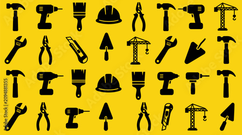 Bild auf Leinwand Set of construction tools and equipment icons on a yellow background