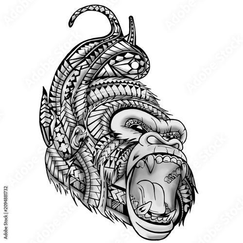 Photography Polynesian gorilla head with intricate Maori tribal tattoo patterns, black and w