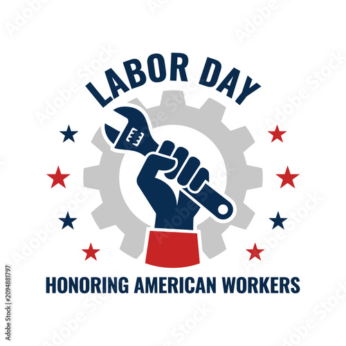 Картината върху платно Labor day graphic with a hand holding a wrench and gear for honoring american wo