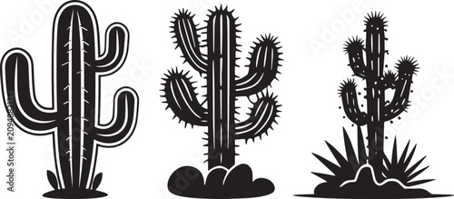 Konstfotografi Vintage saguaro cactus vector set, black and white desert plant silhouettes, rus