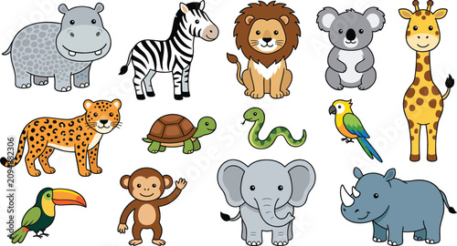Photography Cute Jungle and Wild Safari Animals Cartoon Vector Set with Lion Elephant Giraff