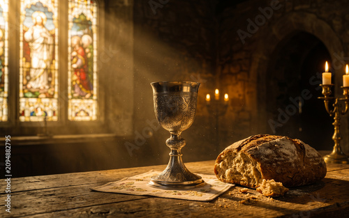 Holy Communion Bread and Chalice on Church Altar