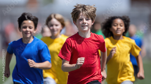Focused Children Sprinting in 100-Meter Track Competition