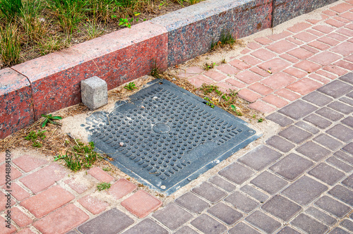 Фотография Urban street detail with granite curb and patterned paving stones