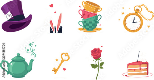 Foto Alice in wonderland vector icon set with mad hatter top hat stacked teacups pock