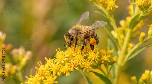 Honey bee collecting nectar on a bright yellow flower in a garden