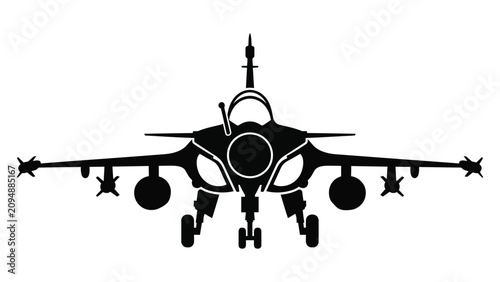Foto Minimalist black silhouette of modern fighter jet viewed from front with pointed