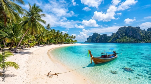 Tropical Paradise Beach with Crystal Clear Turquoise Water, White Sand, and Lush Palm Trees