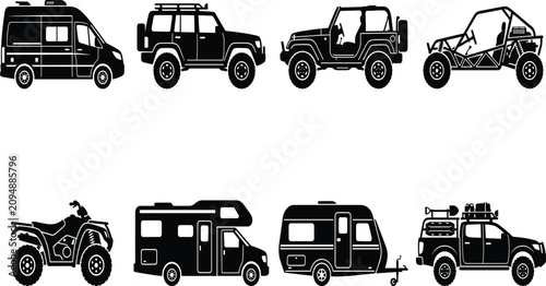 Photos Adventure and Recreational Vehicle Silhouette Collection with Camper Van SUV ATV