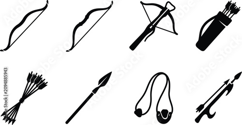 Schilderij op canvas Archery Weapon Silhouette Collection with Bows Crossbow Arrows Quiver Spear and