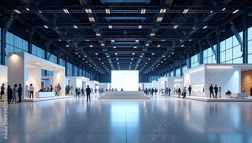 A Spacious Modern Exhibition Hall With People Walking Between Sleek White Booths