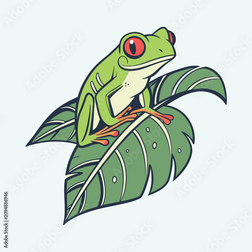 Vibrant red eyed tree frog perched on large green tropical leaf isolated on blue backdrop.