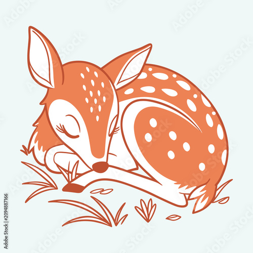 Adorable sleeping baby deer fawn curled up in grass field for nursery and woodland design.