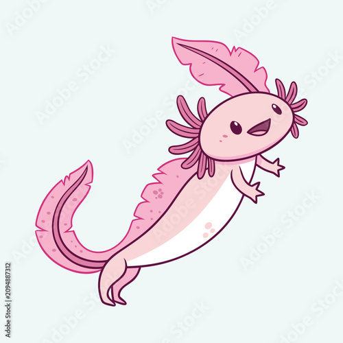 Happy pink axolotl swimming isolated on light blue background with friendly expression art.