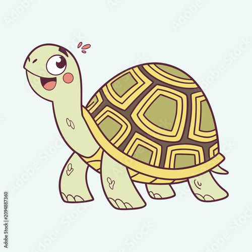 Happy cartoon tortoise character walking on four legs with green shell and friendly face.