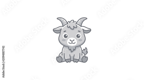 Dynamic Cartoon Goat with Curly Horns and Fluffy Mane Sitting in Minimalist Gray and White Style