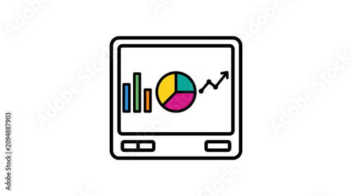 Elegant Minimalist Line Drawing of Tablet Showing Colorful Bar Chart Pie Chart and Upward Trend Line