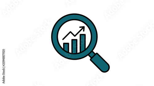 Industrial Magnifying Glass Highlighting Growth Bar Chart and Upward Trend Line in Monochromatic Teal and White