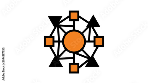 Industrial Minimalist Diagram with Central Orange Circle and Four Orange Squares Connected by Black Lines and Triangles