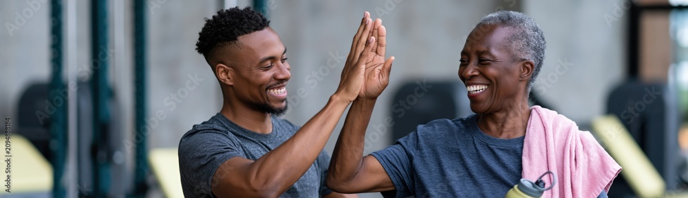 Fototapeta premium Joyful senior woman and young trainer high five after strength training in gym for wellness banner and fitness background promoting intergenerational support