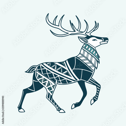 Stylized reindeer illustration with geometric ethnic patterns for winter holiday decoration.