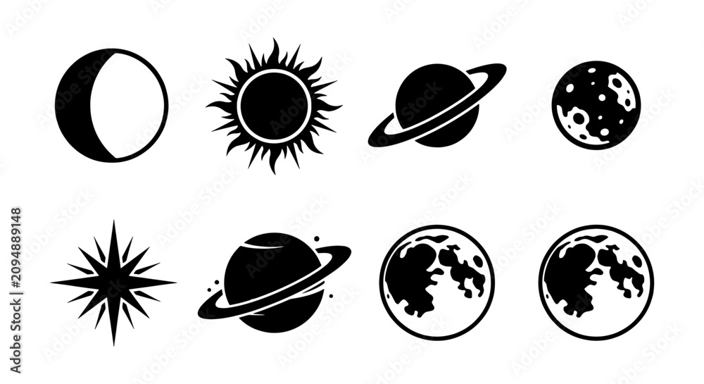 Fototapeta premium Celestial Icons Set, Space Planets and Moon Phases Vector Graphics, Cosmic Star and Sun Symbols, Astronomical Elements Collection