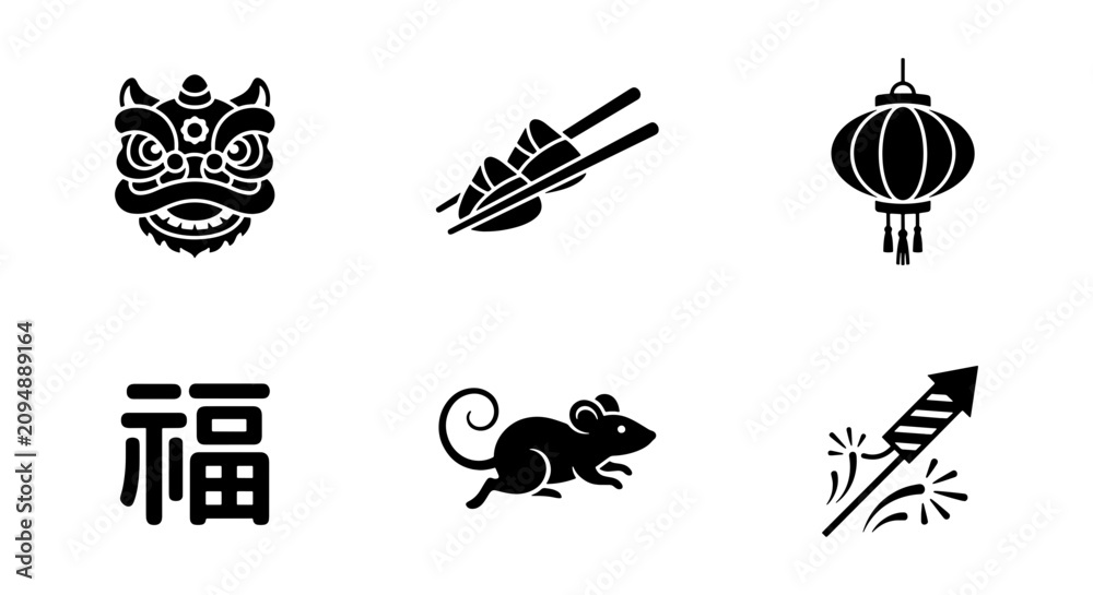 Naklejka premium Chinese New Year Icons: Lion Dance, Sushi, Lantern, Fortune Symbol, Rat, Firework Vector Set for Festive Celebration Graphics