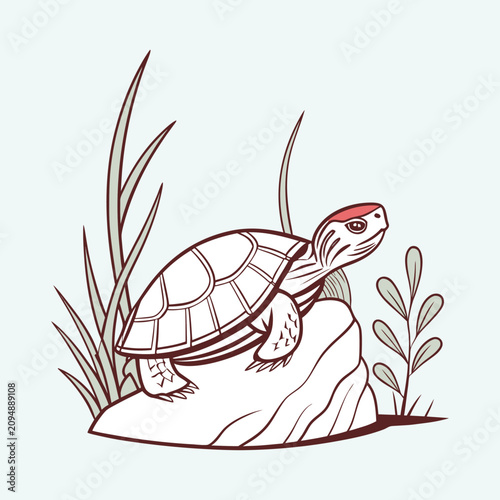 Small turtle standing on rock surrounded by tall grass isolated on light blue background.