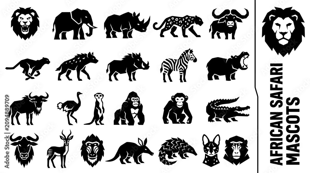 Naklejka premium African Safari Animals Silhouette Collection A Majestic Array of Wildlife Silhouettes for Design Projects