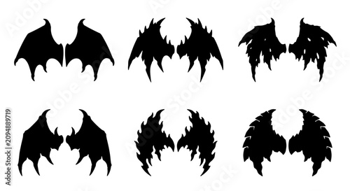 Canvastavla Set of 6 Black Silhouette Wing Icons, Fantasy Angel Demon Bat Designs, Graphic E
