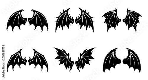 Foto Set of 6 Black Dragon Wings Vector Icons, Fantasy Creature Emblems, Gothic Angel