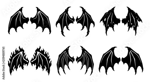Schilderij op canvas Set of 6 Black Dragon Wings Vector Icons, Gothic Fantasy Bat Wings, Devilish Ang
