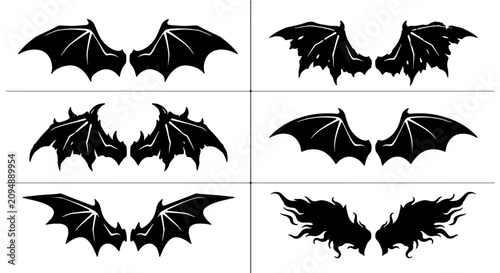 Photos Six Black Bat Wings Vector Icons, Demon Wings and Angelic Wings Set, Fantasy Cre