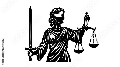 Lady Justice Blindfolded Holding Scales and Sword Vector Illustration, Themis Goddess of Law and Order Symbol, Black and White Judicial System Emblem Line Art on Isolated White Background