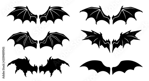 Quadro su tela Gothic Bat Wings Vector Set, Dark Fantasy Creature Appendages, Spooky Halloween